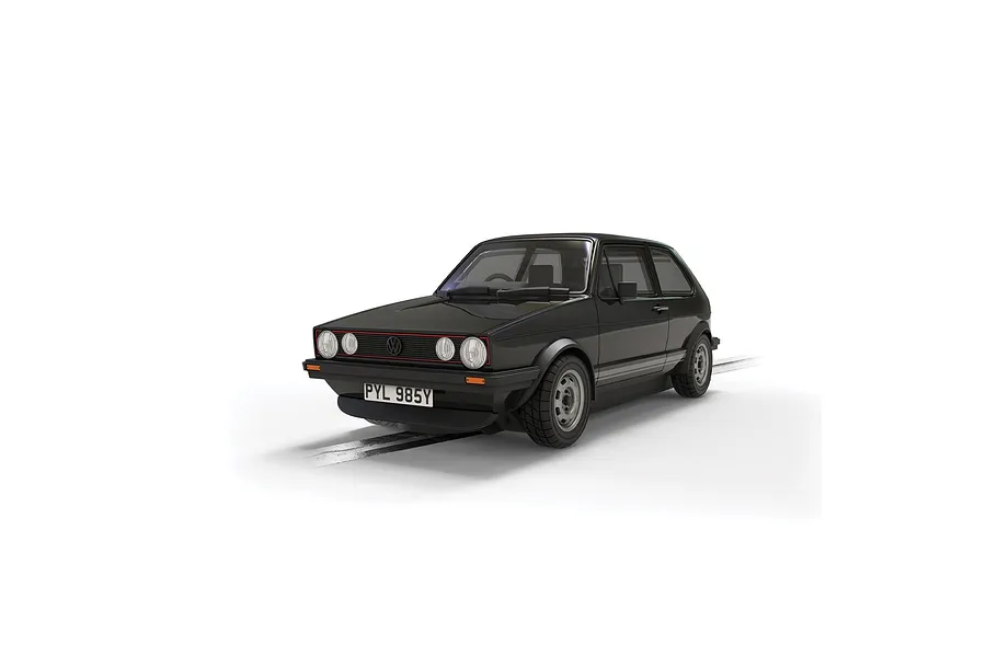 A black Scalextric 1/32 scale Volkswagen Golf MK1 GTI slot car on a white background.