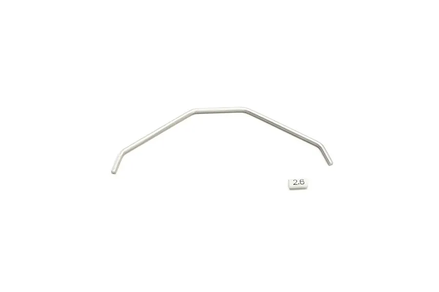 A silver metal front sway bar for an RC car, accompanied by a small white marker labeled 2.6, isolated on a white background.