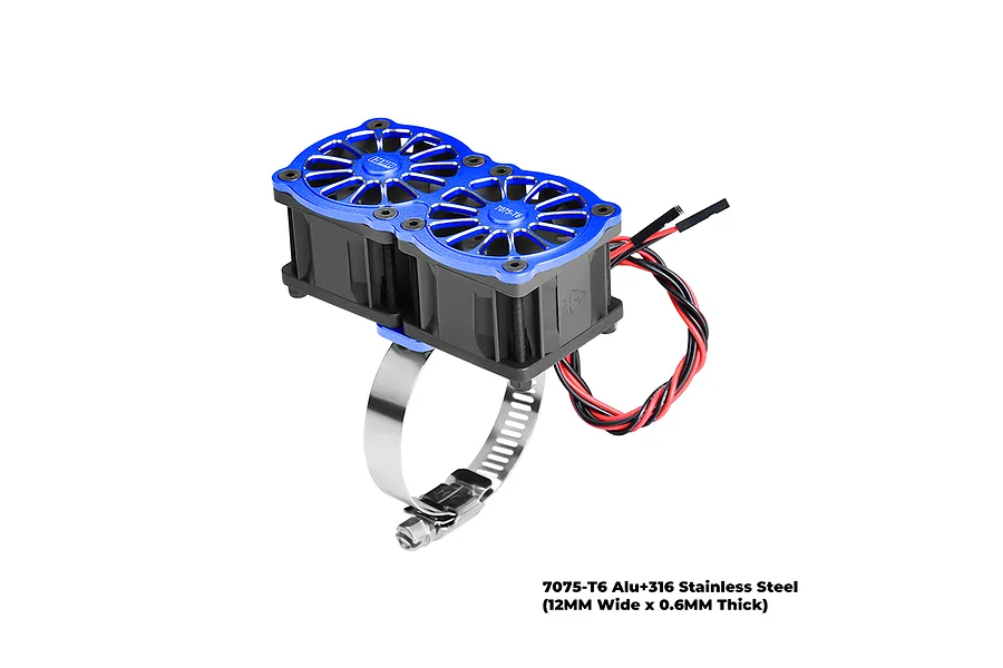 GPM Aluminium And Stainless Steel 40-56mm Adjustable Fan Mount with 40x28mm Dual Cooling Fans - Blue image 147570