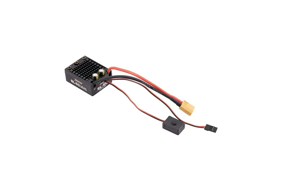 FMS Predator SL-50A brushless electronic speed controller with attached wires, XT60 connector, and receiver plug.
