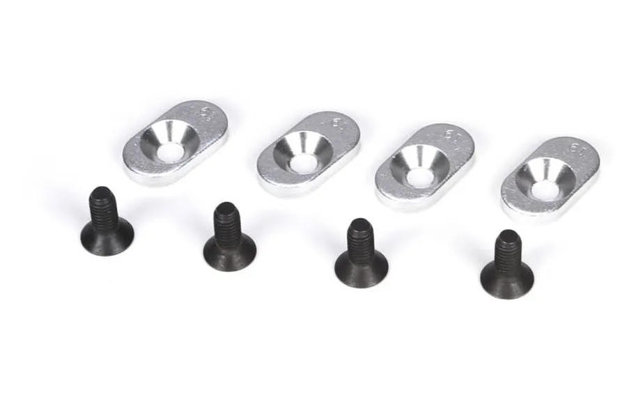 Four silver metal engine mount inserts and four black flat-head screws for Losi RC vehicles.