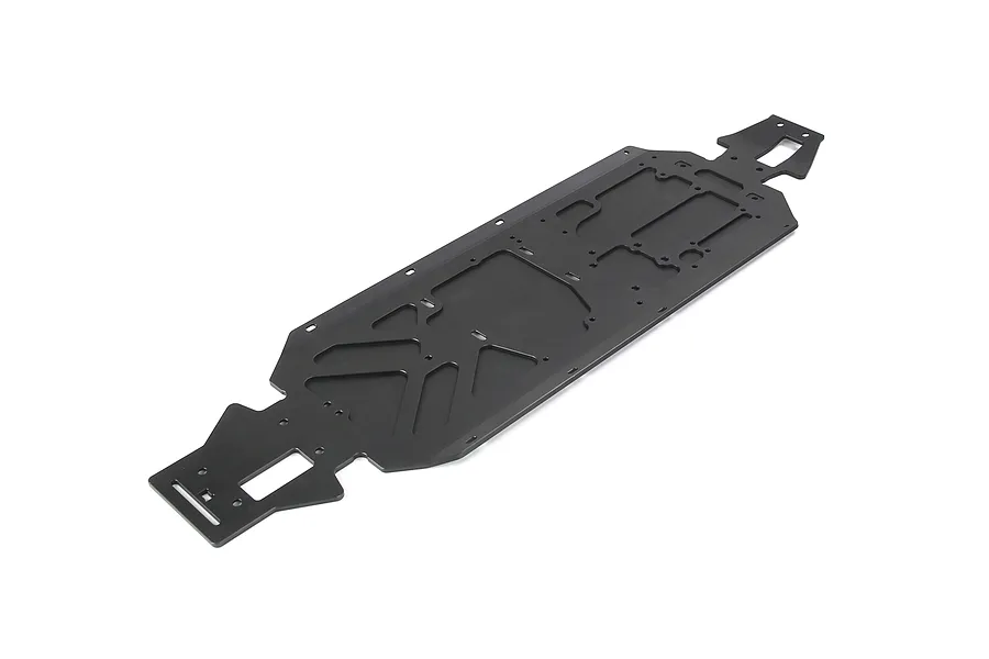 A black Rovan aluminium main chassis plate for an RC vehicle, shown from a high-angle perspective against a white background.
