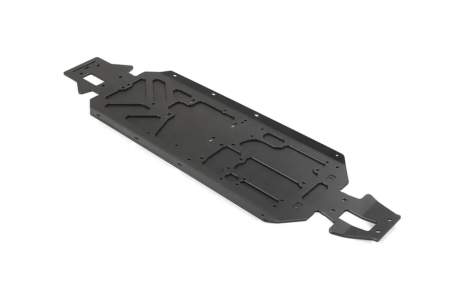 A black Rovan aluminium main chassis plate for an RC vehicle, featuring a CNC-machined design with various mounting holes and cutouts.