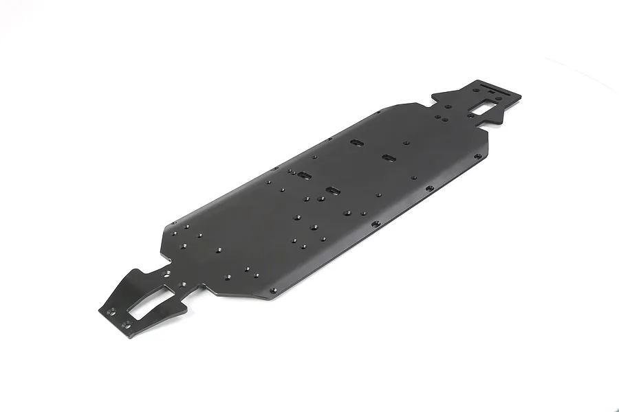 A black anodized aluminium main chassis plate for an RC vehicle, featuring multiple pre-drilled mounting holes and a flat, elongated design.
