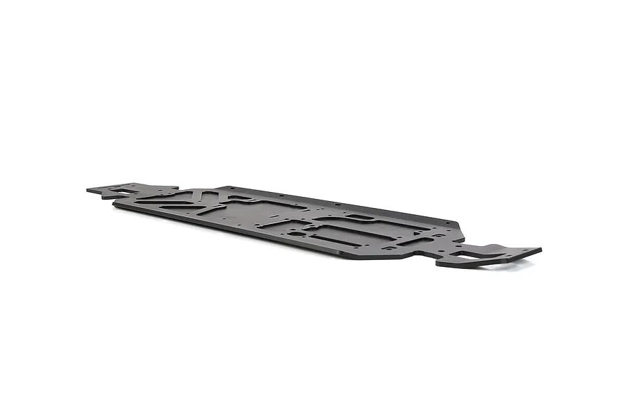 A black Rovan aluminium main chassis plate for an RC vehicle, shown from a low-angle perspective against a white background.