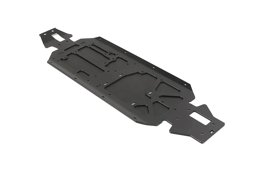 A black anodized aluminium main chassis plate for an RC vehicle, featuring various cutouts and mounting holes, isolated on a white background.