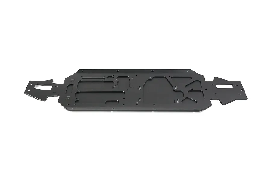 A black Rovan aluminium V5 main chassis for an RC car, shown from a top-down perspective against a white background.