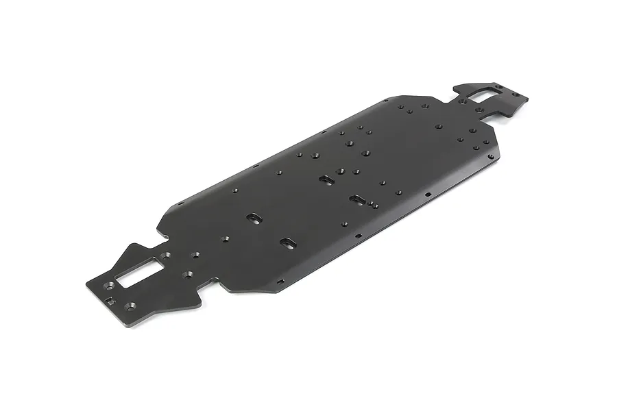 A black Rovan aluminium V5 main chassis plate for an RC vehicle, shown from a high-angle perspective against a white background.