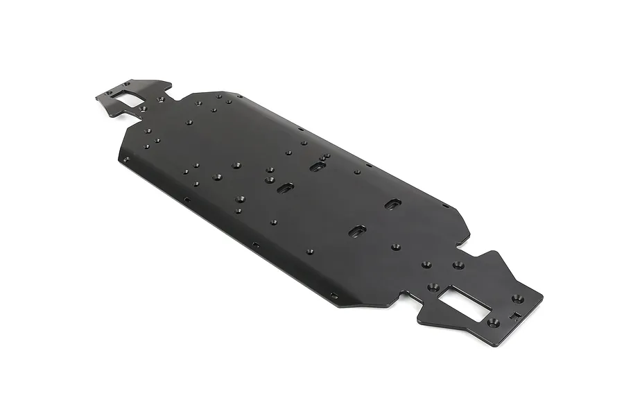 A black Rovan aluminium V5 main chassis plate for an RC car, viewed from an elevated angle against a white background.