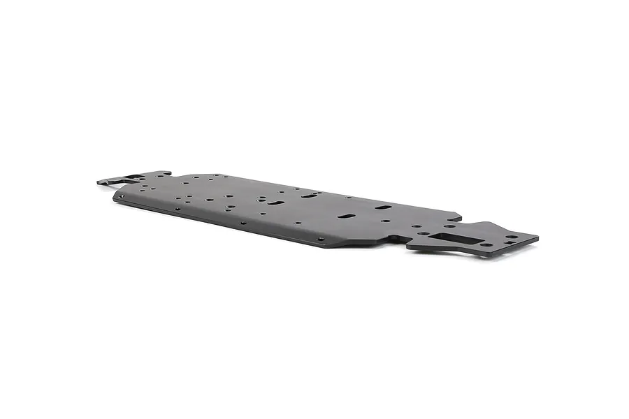 A black Rovan aluminium V5 main chassis plate for an RC car, viewed from a low angle against a white background.