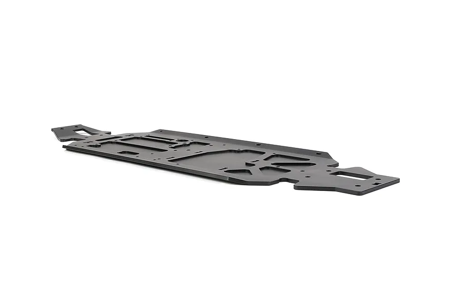 A black Rovan aluminium V5 main chassis for an RC vehicle, shown from a low-angle perspective on a white background.