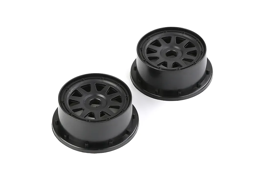 Two black plastic 1/5 scale RC short course rear rims shown from a high angle against a white background.