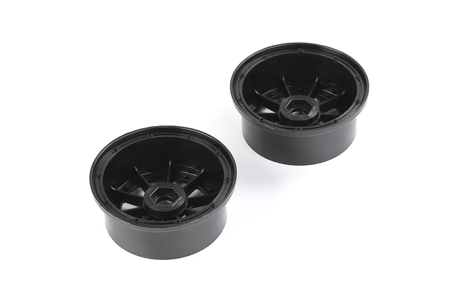 Two black plastic 1/5 scale RC short course rear rims shown from an angled perspective on a white background.