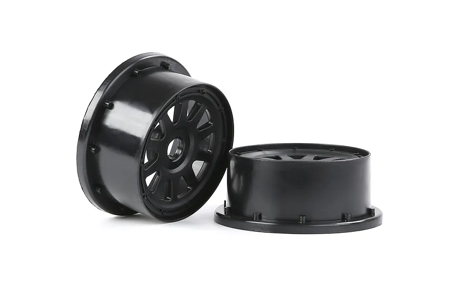 Two black Rovan 1/5 scale RC short course rear rims isolated on a white background.