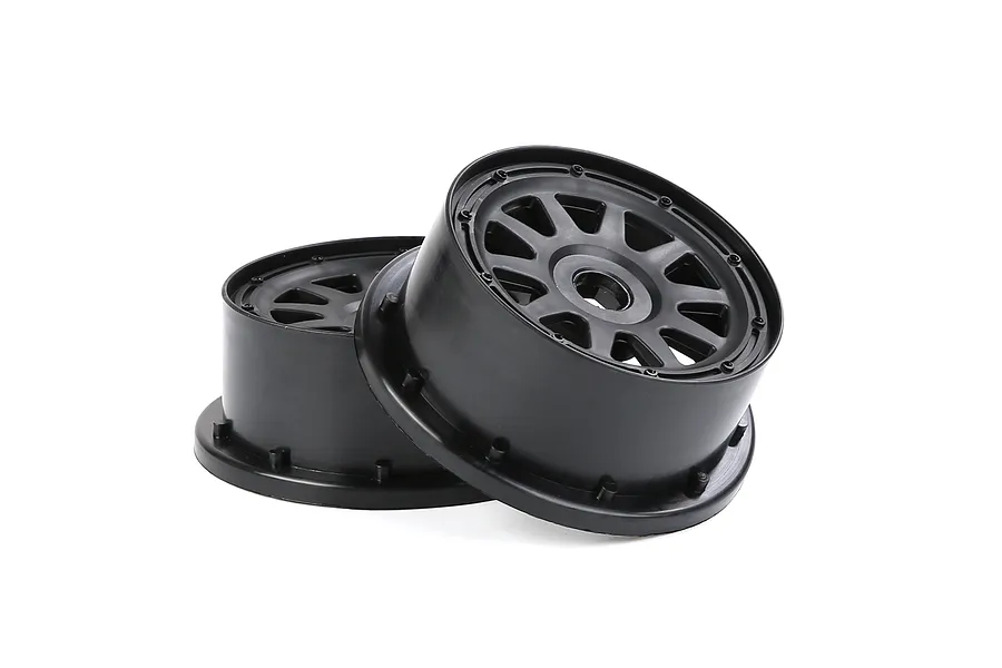 Two black Rovan 1/5 scale short course RC rear rims stacked on a white background.