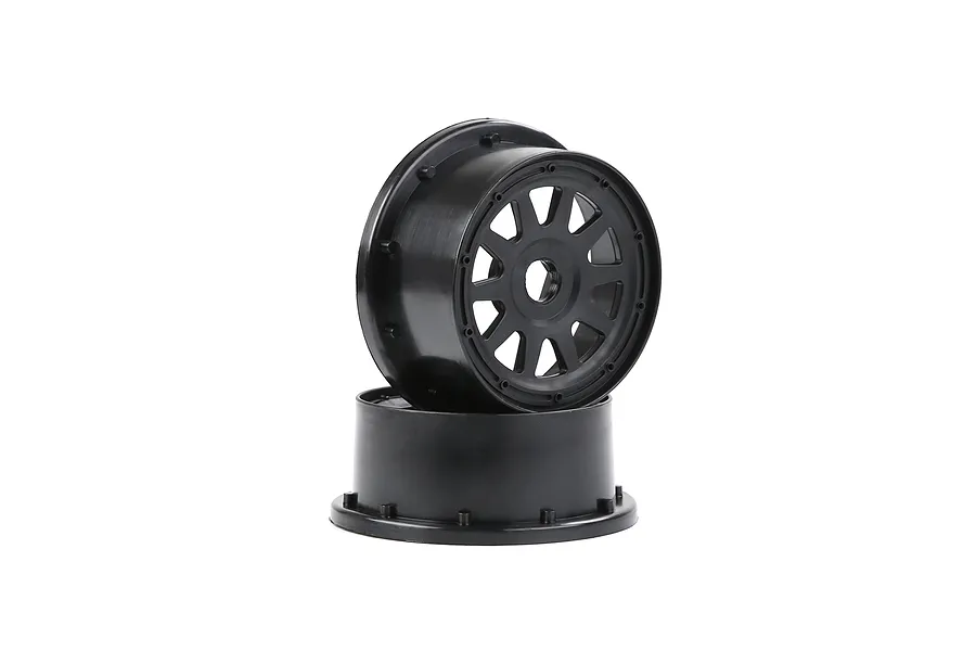 Two black Rovan 1/5 scale 5SC rear RC car rims stacked on top of each other against a white background.