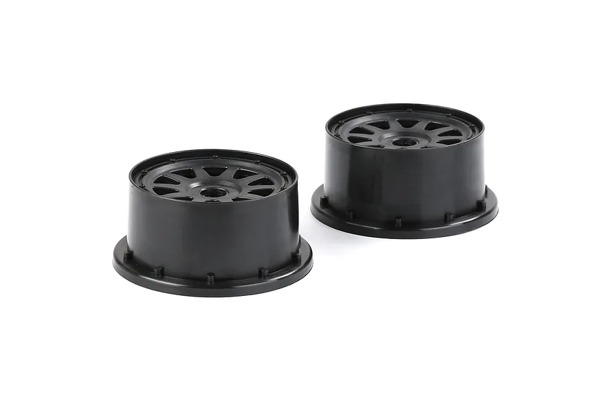Two black Rovan 1/5 scale RC short course rear rims sitting on a white background.