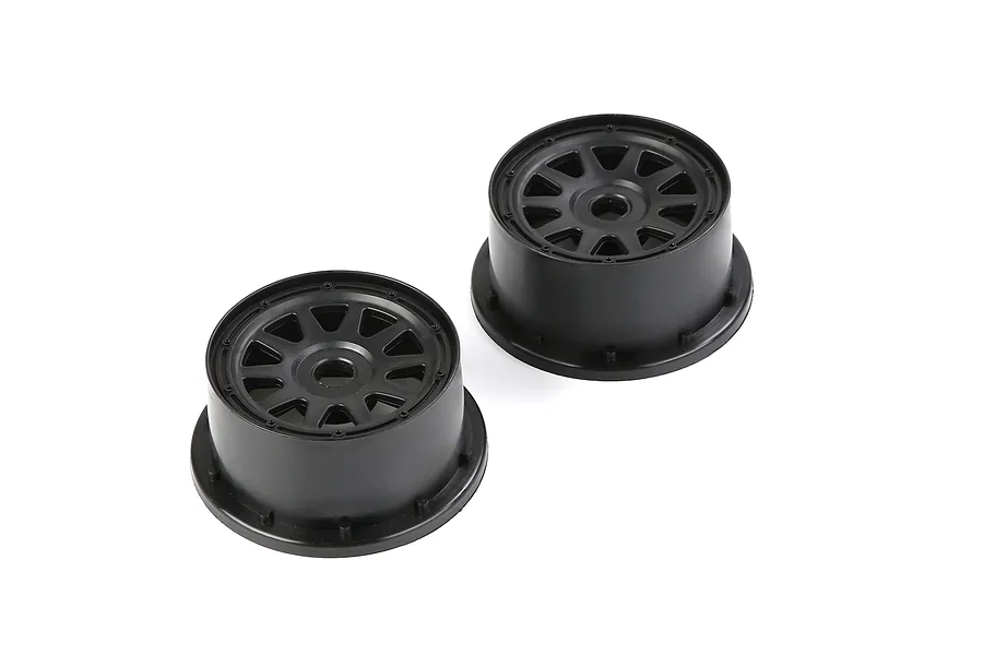 Two black Rovan 1/5 scale short course rear rims shown from a high angle against a white background.