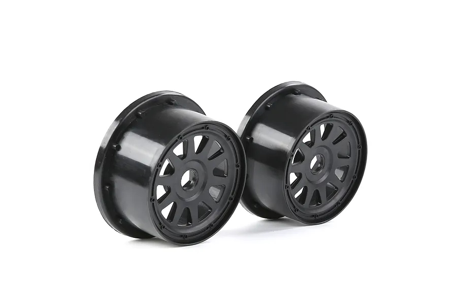 Two black Rovan 1/5 scale 5SC rear RC car rims shown from a side angle against a white background.