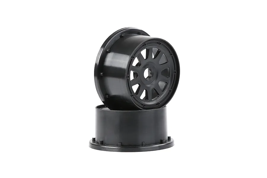 Two black Rovan 1/5 scale short course rear rims stacked on a white background.
