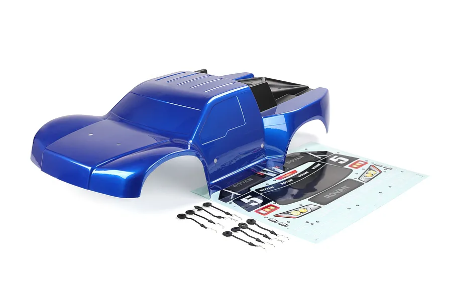 A blue Rovan 1/5 scale 5SC short course RC truck body shell with a decal sheet and body clips on a white background.