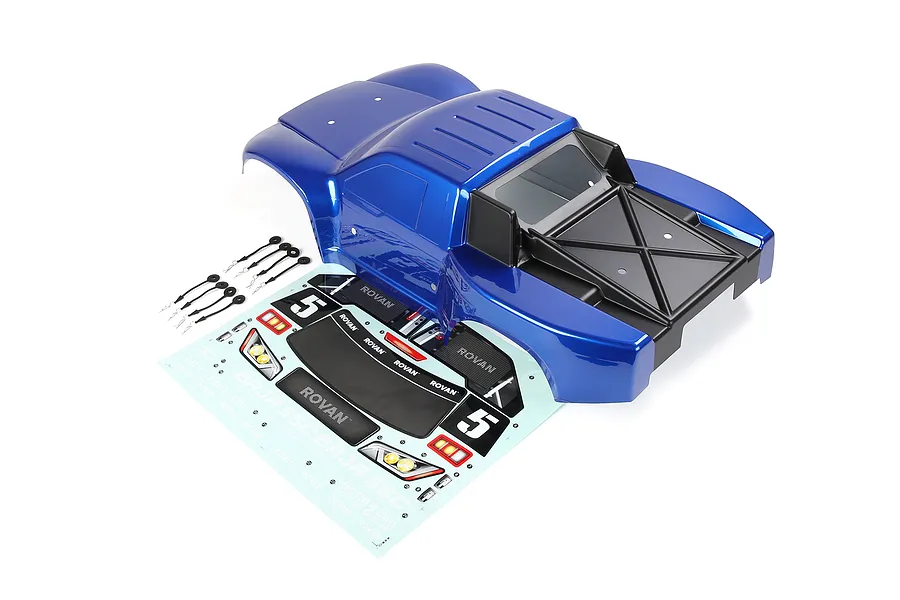 A blue Rovan 1/5 scale 5SC short course RC truck body shell with a decal sheet and body clips on a white background.
