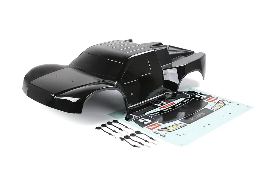 A black Rovan 1/5 scale 5SC short course RC truck body shell with a decal sheet and body clips on a white background.