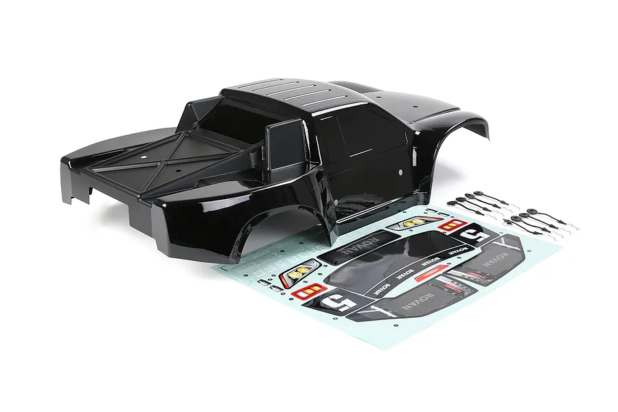 A black Rovan 1/5 scale 5SC short course RC body shell with a decal sheet and body clips on a white background.