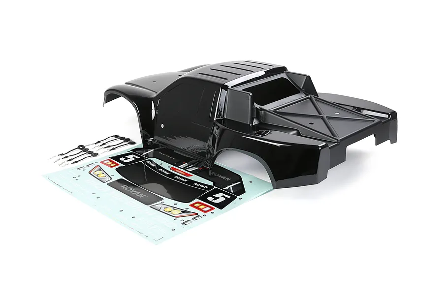 A black Rovan 1/5 scale 5SC short course RC body shell with a decal sheet and body clips on a white background.