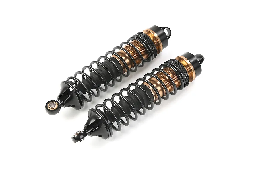 Two Rovan aluminium rear adjustable RC shock absorbers in bronze and black finish, shown at an angle against a white background.
