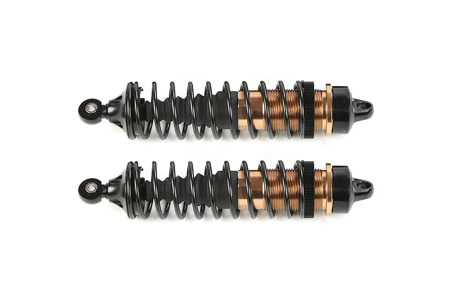 Two Rovan aluminium adjustable rear shock absorbers in bronze and black finish, shown side-by-side against a white background.
