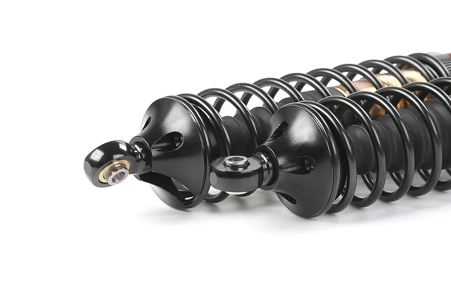 Two Rovan aluminium rear adjustable shock absorbers for RC vehicles, featuring black springs and bronze-coloured bodies, isolated on a white background.