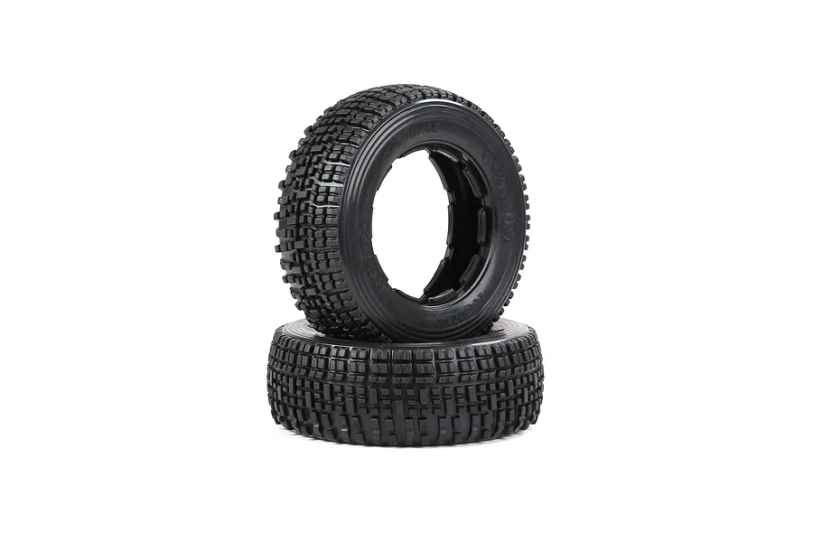 Two black Rovan 1/5 scale RC short course truck tyres stacked on a white background.