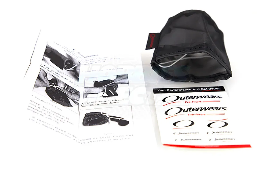 Outerwears black mesh air filter cover for RC cars, shown with instruction manual and sticker sheet on a white background.