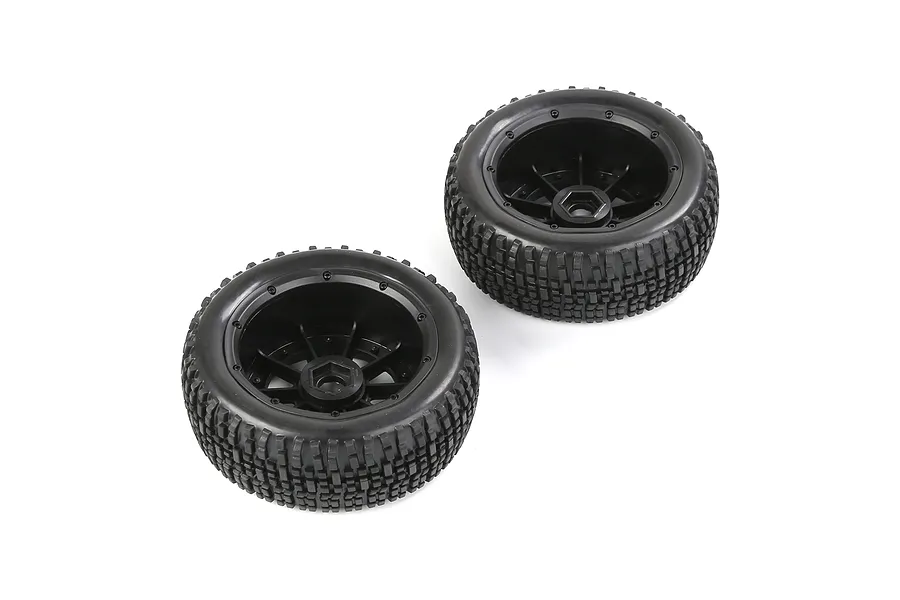 Two Rovan 1/5 scale short course RC front tyres mounted on black beadlock rims against a white background.