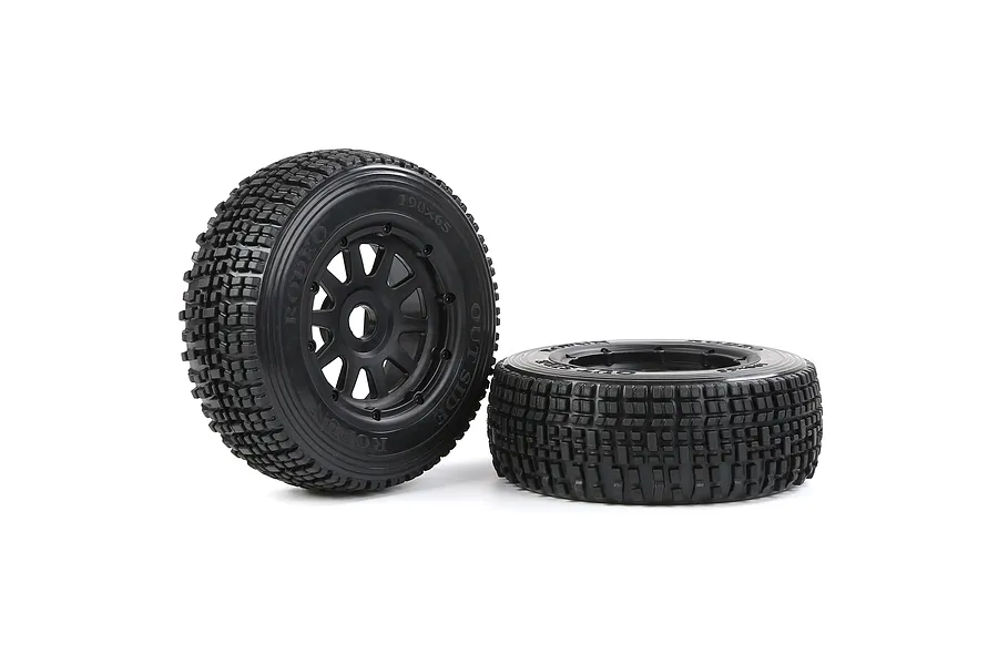 Two Rovan 1/5 scale short course RC truck front tyres mounted on black beadlock rims against a white background.