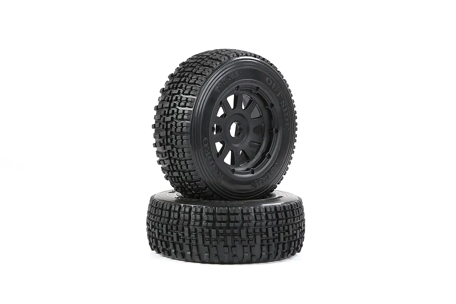 Two Rovan 1/5 scale short course RC truck front tyres mounted on black beadlock rims, stacked vertically against a white background.