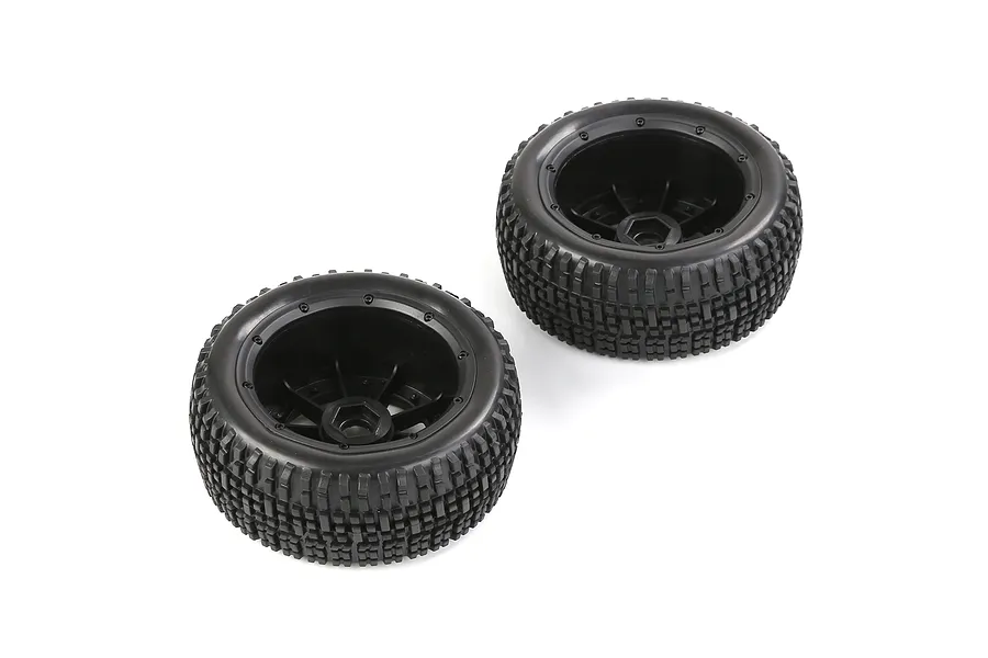 Two Rovan 1/5 scale short course RC truck wheels with black beadlock rims and knobby rubber tires on a white background.