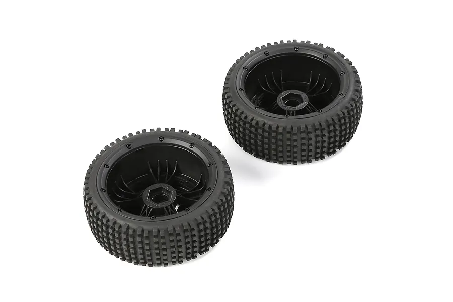Two black 1/5 scale RC buggy wheels with Dirt Buster tread patterns and black closed rims, shown from an angled perspective on a white background.