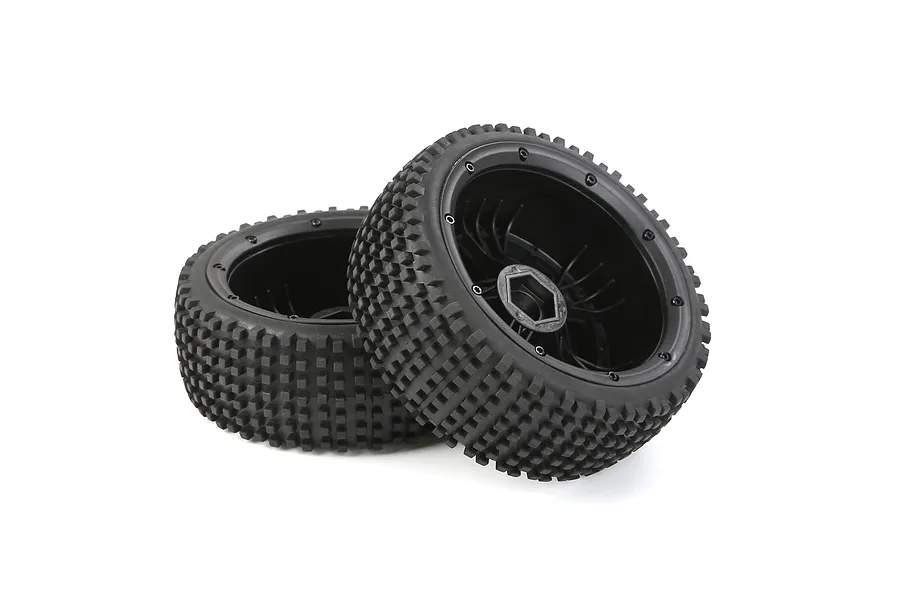 Two black 1/5 scale RC buggy wheels with Dirt Buster tread patterns and beadlock rims isolated on a white background.