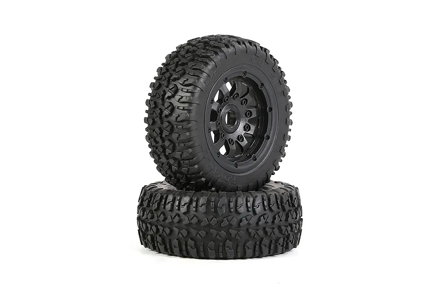 Two Rovan LT RC car wheels with black beadlock rims and aggressive broken nail tread pattern tires stacked on a white background.