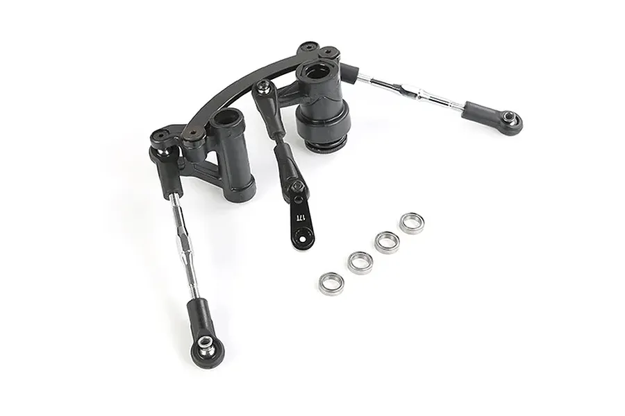 Rovan black aluminium steering bell crank and drag link assembly for RC cars, including four small metal ball bearings on a white background.