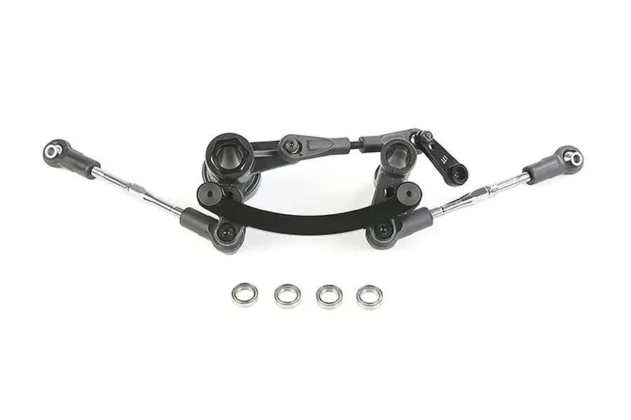Rovan RC steering bell crank and drag link assembly in black with metal tie rods and four separate ball bearings on a white background.