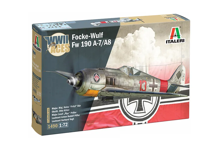 Italeri 1/72 scale Focke-Wulf Fw 190 A-7/A8 model kit box featuring artwork of a German WWII fighter plane.