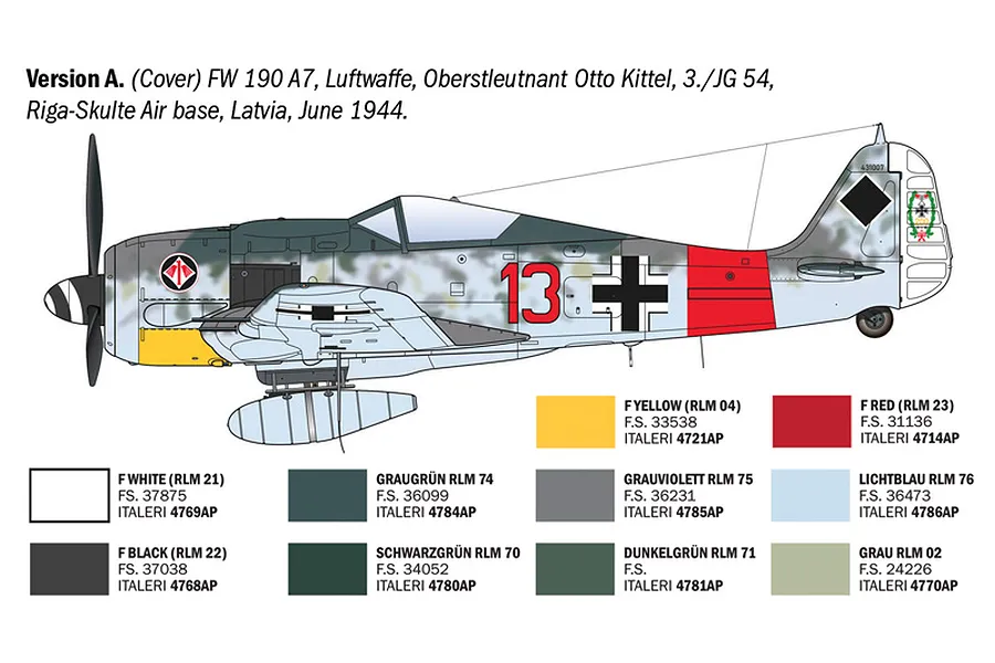 A digital illustration showing the side profile of a Focke-Wulf FW 190 A7 aircraft with a color reference chart for model painting.