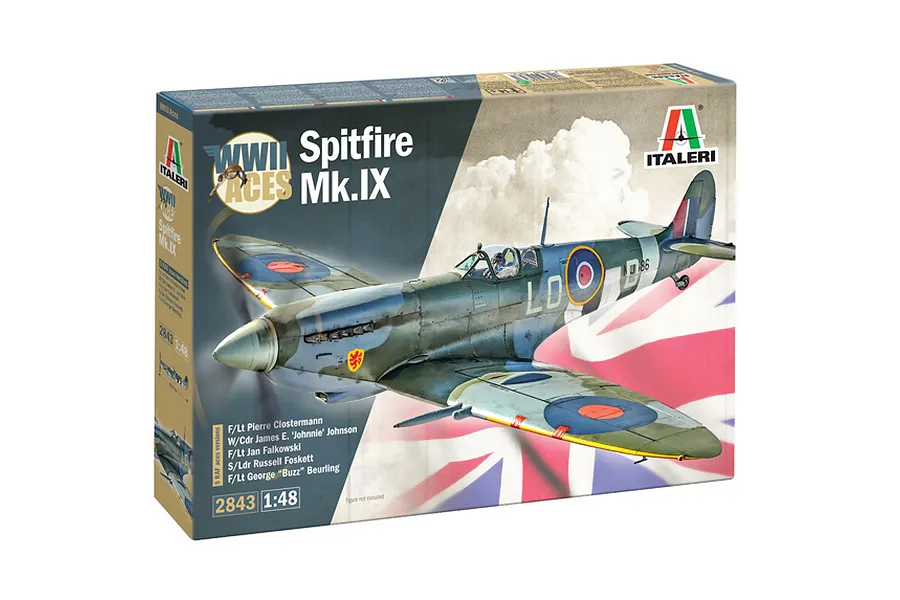 Italeri 1/48 scale Spitfire Mk. IX model kit box featuring artwork of a WWII fighter plane with RAF markings.