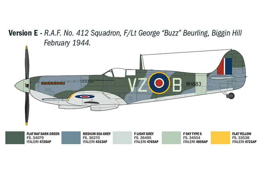 A digital illustration showing the side profile of a Spitfire Mk. IX aircraft in RAF livery, including a color guide for the model kit.