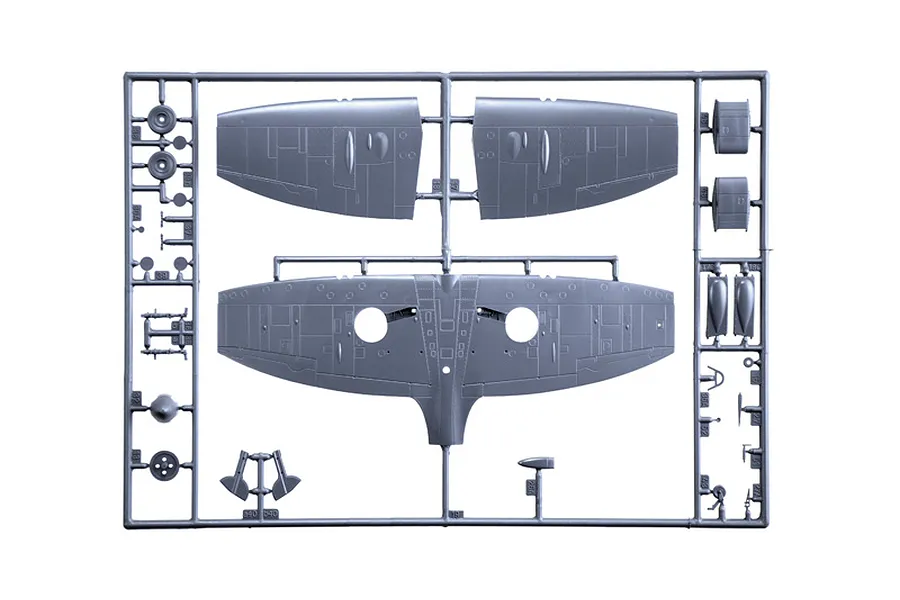 A grey plastic sprue containing model aircraft wing and landing gear parts for an Italeri 1/48 scale Spitfire model kit.
