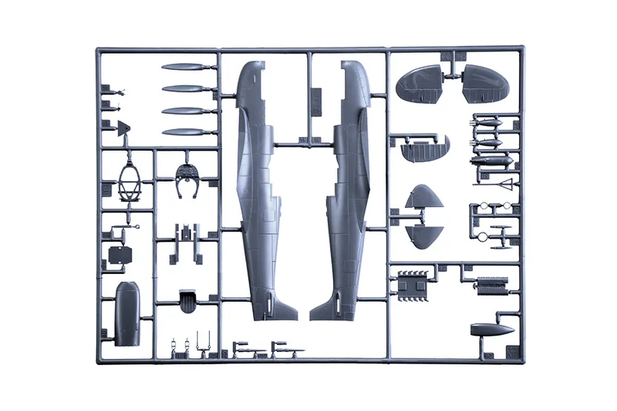 A grey plastic sprue containing various model aircraft parts for an Italeri 1/48 scale Spitfire Mk. IX fighter kit.