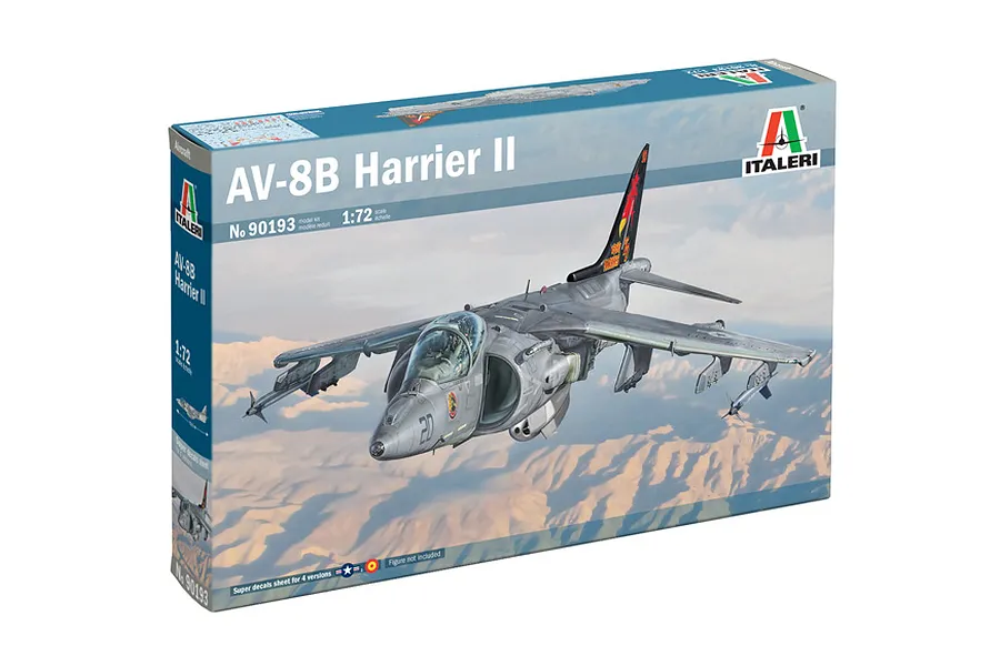Italeri 1/72 scale AV-8B Harrier II plastic model kit box featuring an illustration of the fighter jet in flight over mountains.